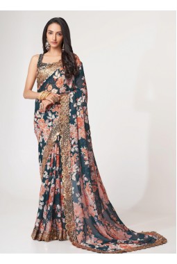 Dove Blue Organza Sequins Party Wear Saree