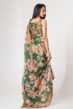 Green Organza Digital Print Party Wear Saree