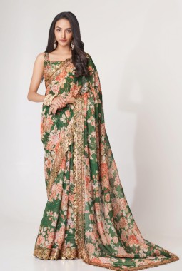 Green Organza Digital Print Party Wear Saree