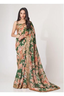 Green Organza Digital Print Party Wear Saree