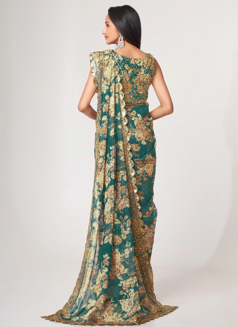 Teal Blue Organza Embroidery Party Wear Saree