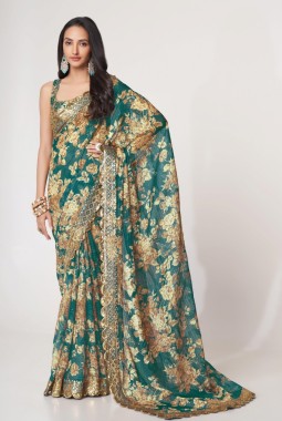 Teal Blue Organza Embroidery Party Wear Saree
