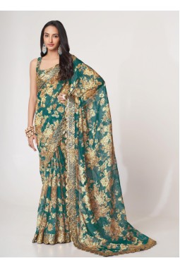 Teal Blue Organza Embroidery Party Wear Saree