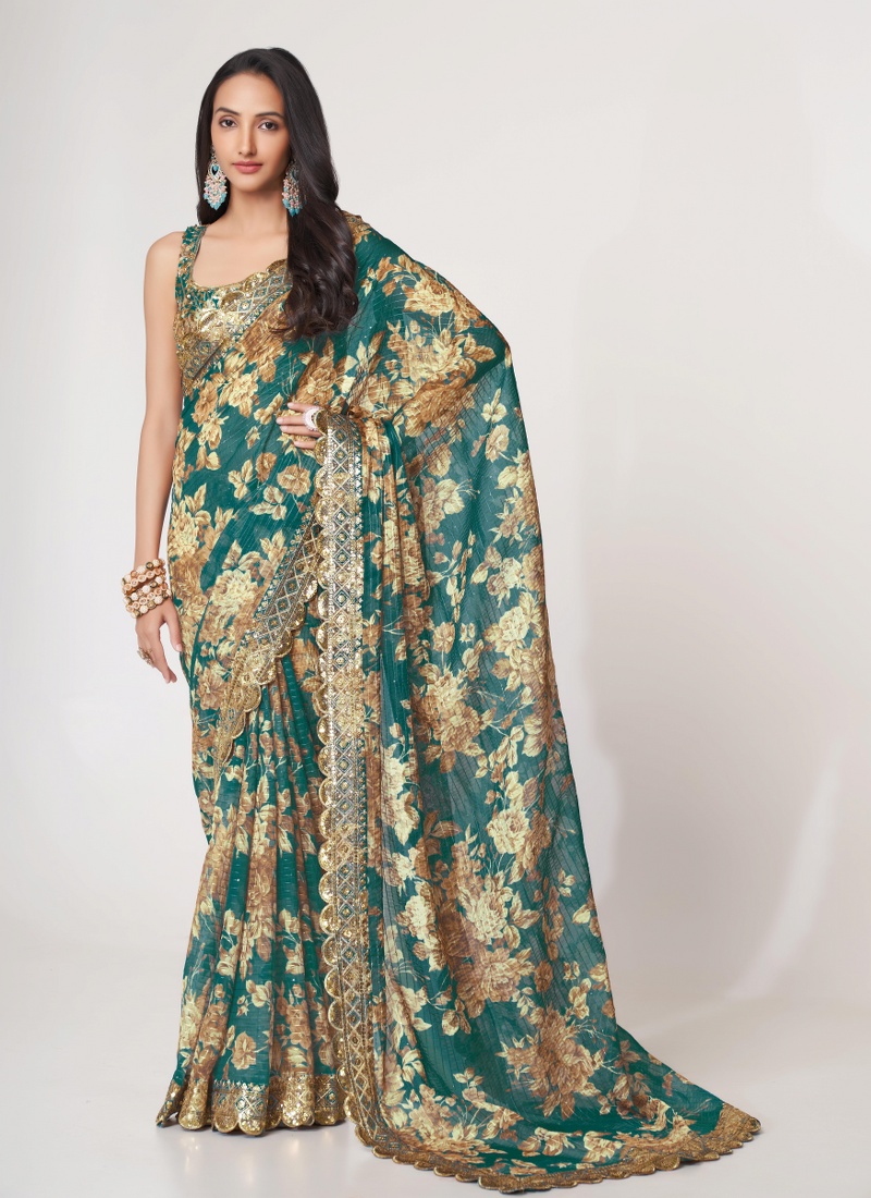 Teal Blue Organza Embroidery Party Wear Saree