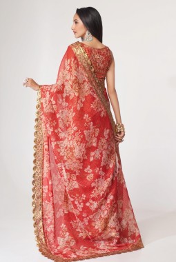 Red Organza Digital Print Party Wear Saree