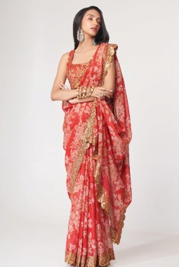 Red Organza Digital Print Party Wear Saree