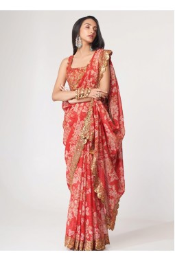 Red Organza Digital Print Party Wear Saree