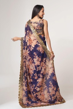 Purple Organza Sequins Party Wear Saree