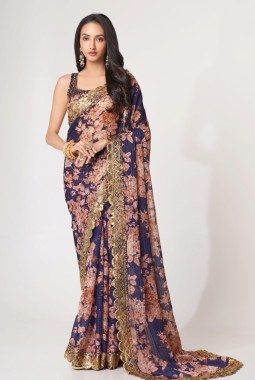 Purple Organza Sequins Party Wear Saree