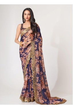 Purple Organza Sequins Party Wear Saree