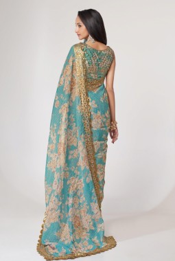Sky Blue Organza Digital Print Party Wear Saree