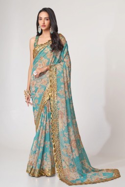 Sky Blue Organza Digital Print Party Wear Saree