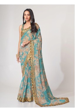 Sky Blue Organza Digital Print Party Wear Saree