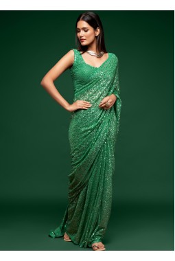 Mint Green Georgette Embroidery Designer Saree