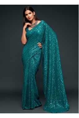 Teal Blue Georgette Embroidery Designer Saree