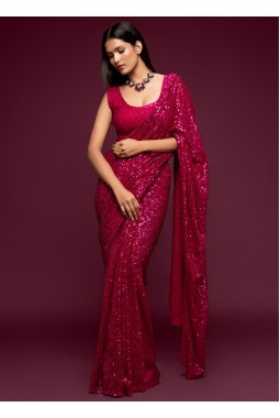 Hot Pink Georgette Sequins Designer Saree