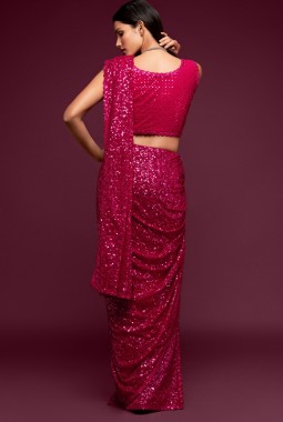 Hot Pink Georgette Sequins Designer Saree