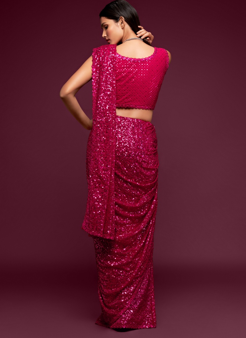 Hot Pink Georgette Sequins Designer Saree