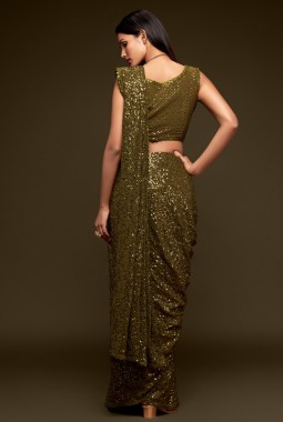 Olive Green Georgette Embroidery Designer Saree