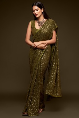 Olive Green Georgette Embroidery Designer Saree