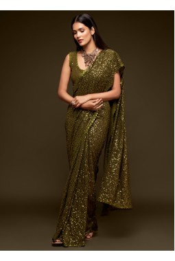Olive Green Georgette Embroidery Designer Saree