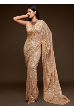 Ancient Ivory Georgette Sequins Designer Saree