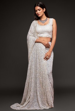 Pearl White Georgette Embroidery Designer Saree