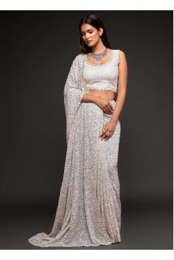 Pearl White Georgette Embroidery Designer Saree