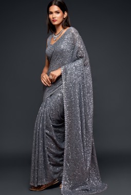Slate Grey Georgette Sequins Designer Saree