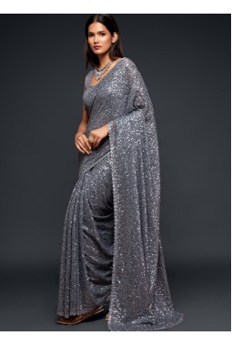 Slate Grey Georgette Sequins Designer Saree