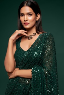 Deep Green Georgette Embroidery Designer Saree