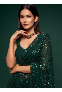Deep Green Georgette Embroidery Designer Saree
