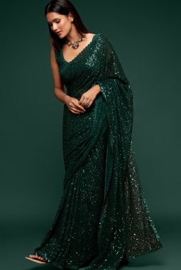 Deep Green Georgette Embroidery Designer Saree