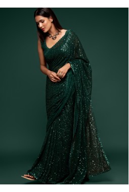 Deep Green Georgette Embroidery Designer Saree