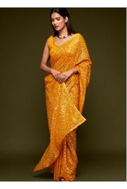 Honey Yellow Georgette Sequins Designer Saree