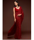 Ruby Red Georgette Embroidery Designer Saree