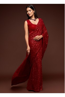 Ruby Red Georgette Embroidery Designer Saree