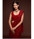 Ruby Red Georgette Embroidery Designer Saree