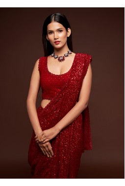 Ruby Red Georgette Embroidery Designer Saree