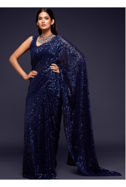 Blush Blue Georgette Sequins Designer Saree