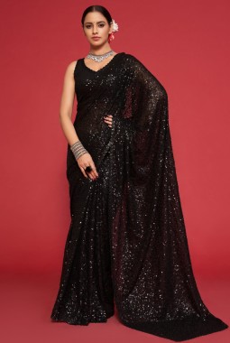 Black Georgette Embroidery Designer Saree 