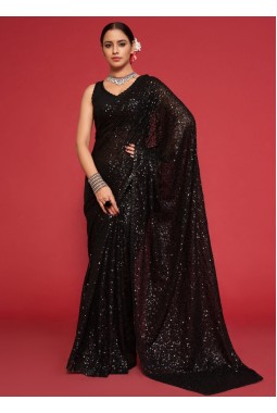 Black Georgette Embroidery Designer Saree 