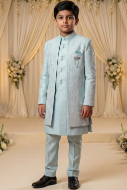 Light Green Art Silk Embroidered Boys Indo Western