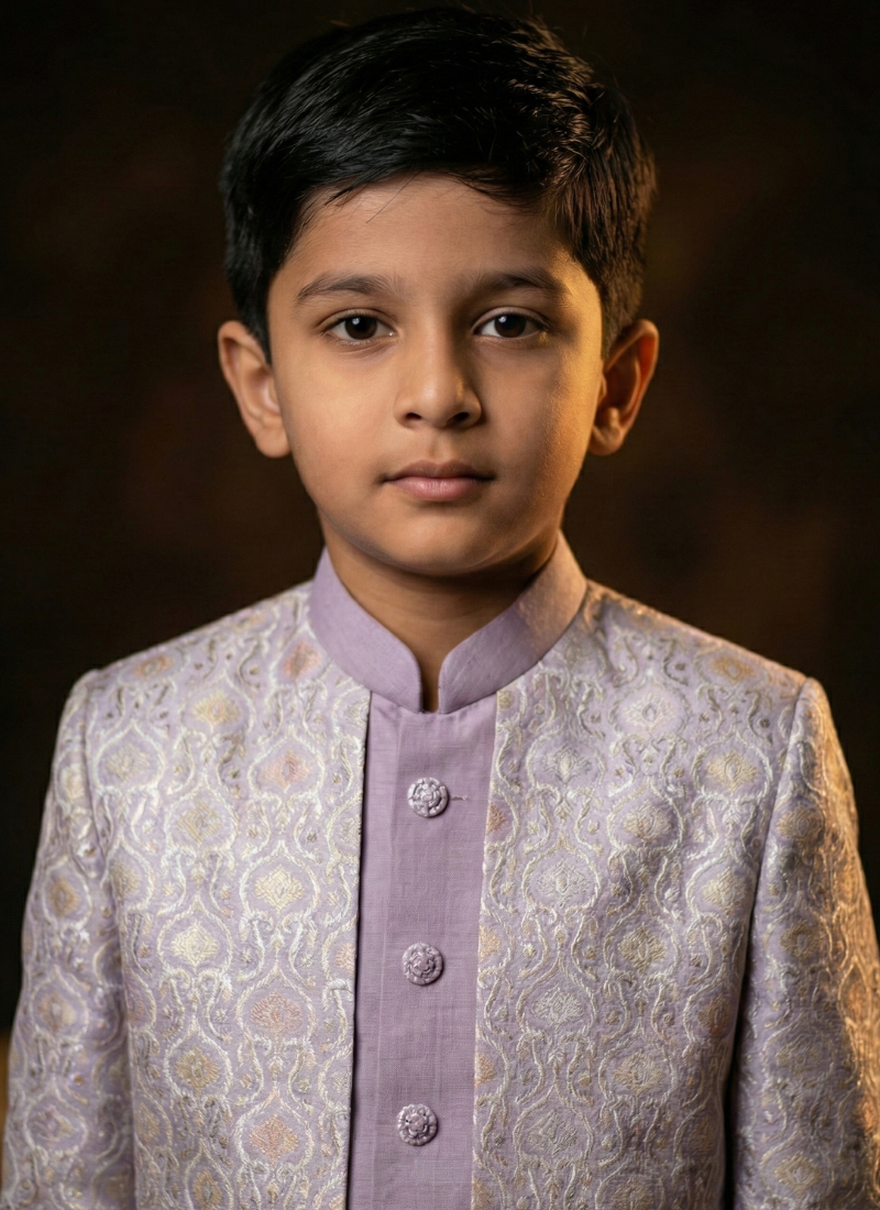 Lilac Art Silk Embroidered Boys Indo Western