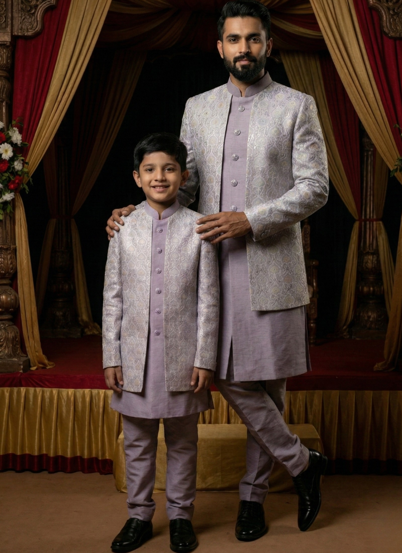Lilac Art Silk Embroidered Boys Indo Western