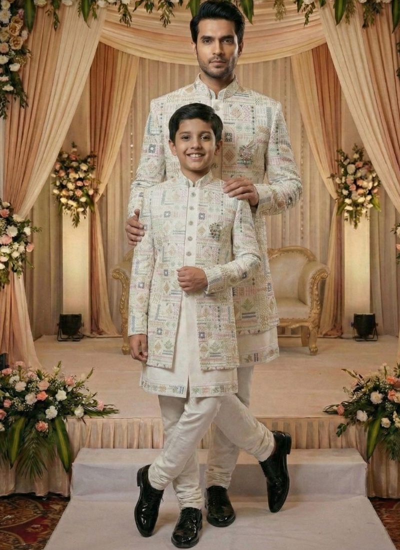 Cream Art Silk Embroidered Boys Indo Western