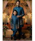 Teal Linen Silk Embroidered Boys Indo Western