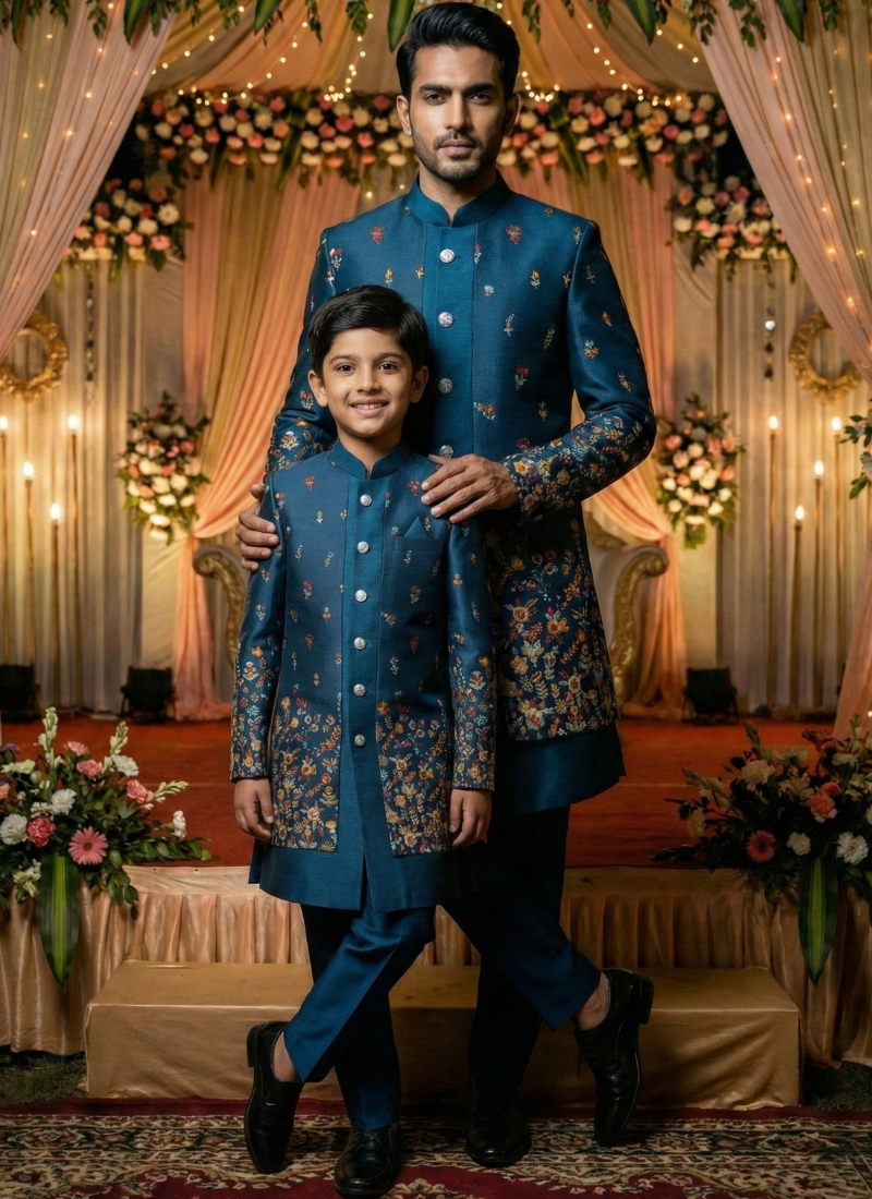 Teal Linen Silk Embroidered Boys Indo Western