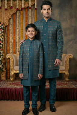 Teal Art Silk Embroidered Boys Indo Western