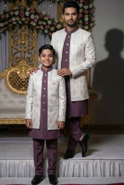White Art Silk Embroidered Boys Indo Western